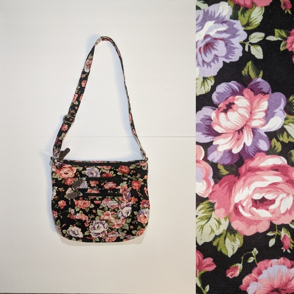 Handbags - Floral Black, Pink, & Purple Canvas Purse